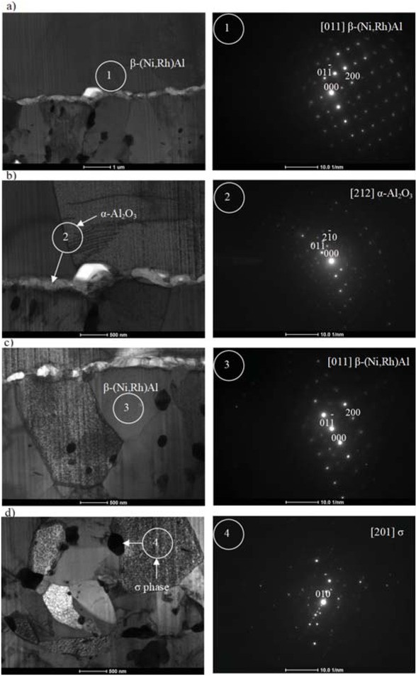 Figure 8 TEM image and SAED patterns of the cross-section of the rhodium modified aluminide coating on CMSX 4 superalloy: additive layer (a), additive/interdiffusion layer (b) and interdiffusion layer (c-d) [15].
