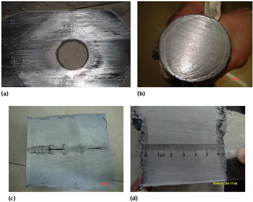 Figure 2 The samples after casting: (a) the used slide gate, (b) a cross section of the solid steel in the upper nozzle, (c) longitudinal sections of the solid steel, (d) a part of Figure 2(c) around the slide gate.