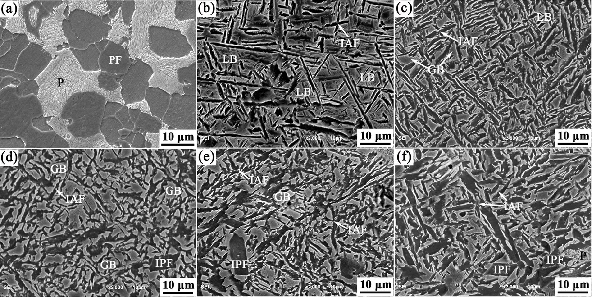 Figure 3 SEM micrographs of the BM and the simulated CGHAZ at different t8/5: (a) BM; (b) 30 s; (c) 60 s; (d) 90 s; (e) 120 s; (f) 180 s.