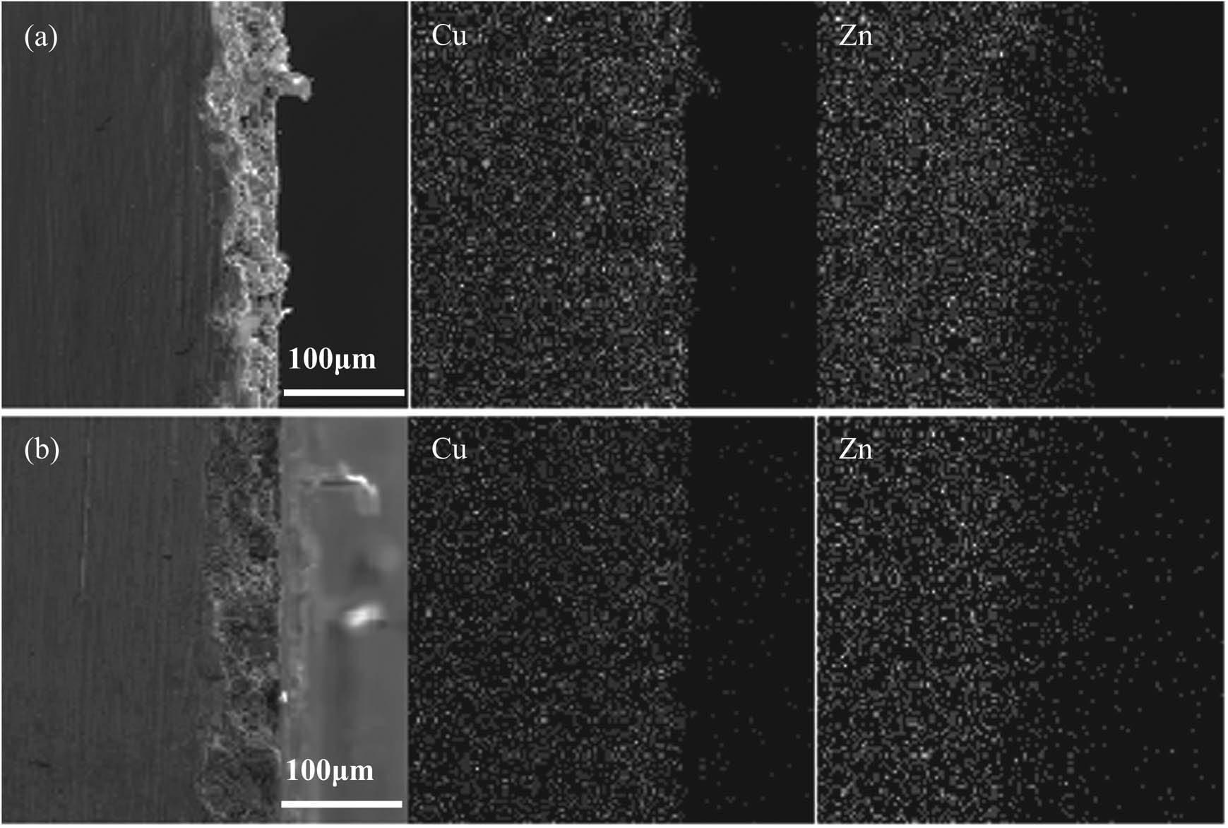 Figure 5 Element distribution analysis of brass alloy with and without corrosion (a) original sample and (b) with corrosion.