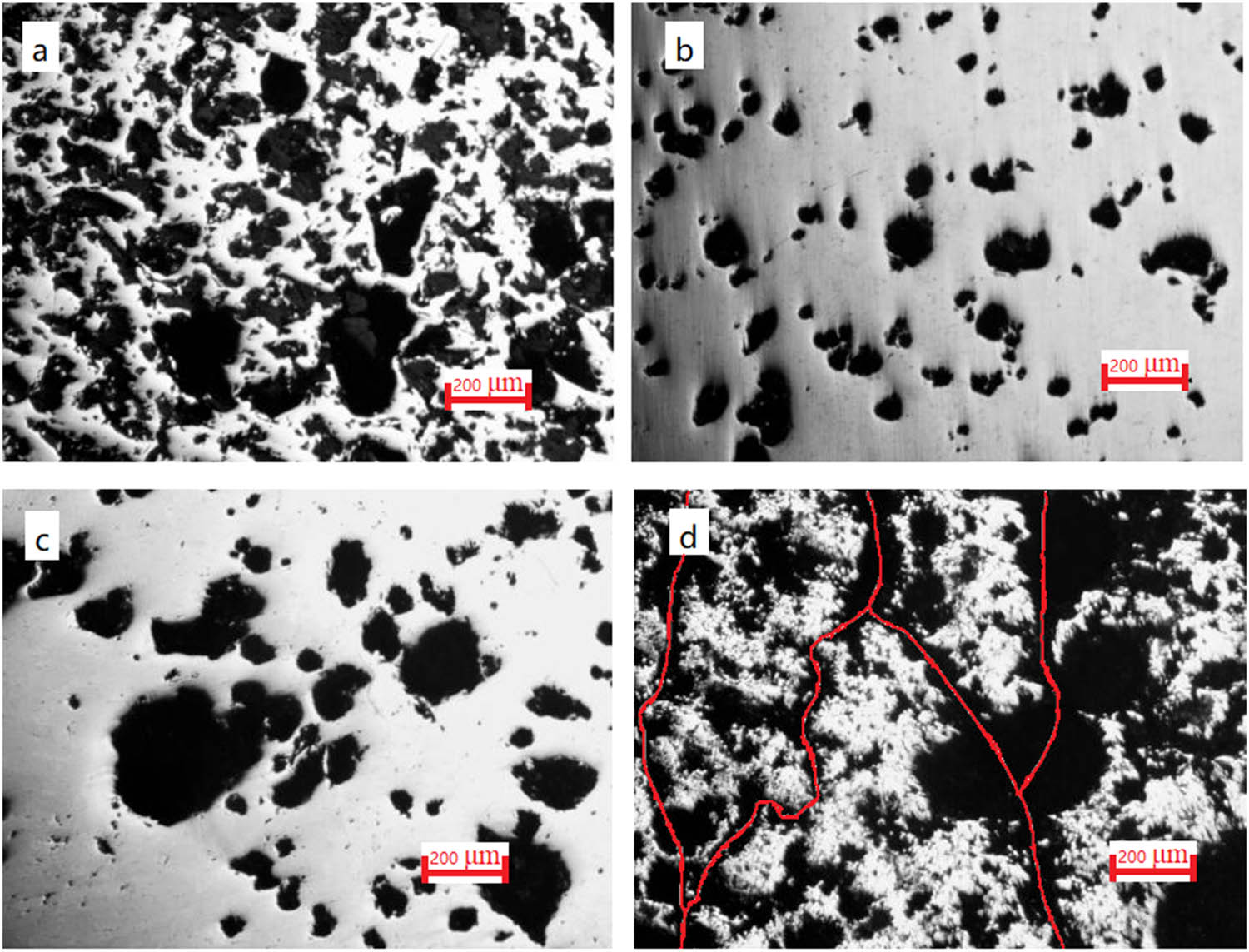 Figure 5 
                  Optical microscope images of polished specimens with different Co/Al molar ratios: (a) 1:1, (b) 1:3, (c) 4:13, and (d) 2:9.
               