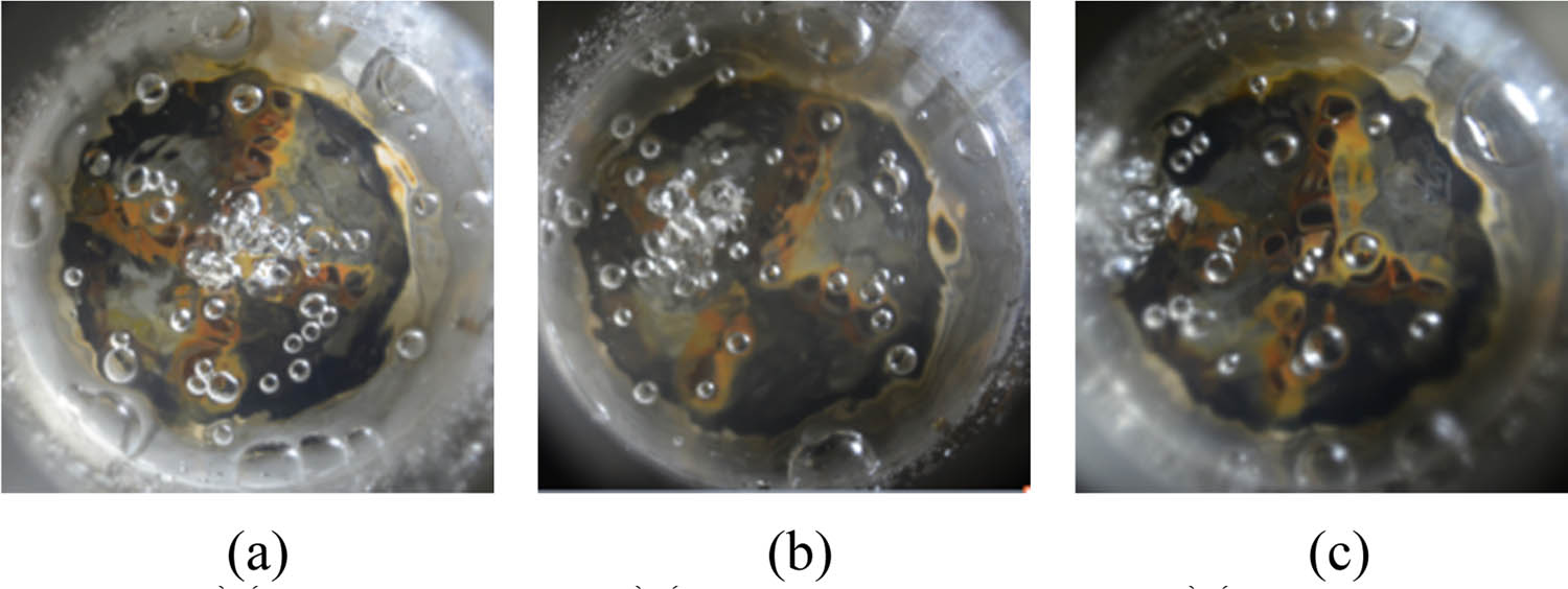 Figure 16 
                  Effect of bottom blowing location on bubble under the pressure intensity of 2.0 MPa. (a) Center, (b) 2/5R, and (c) 4/5R.
               