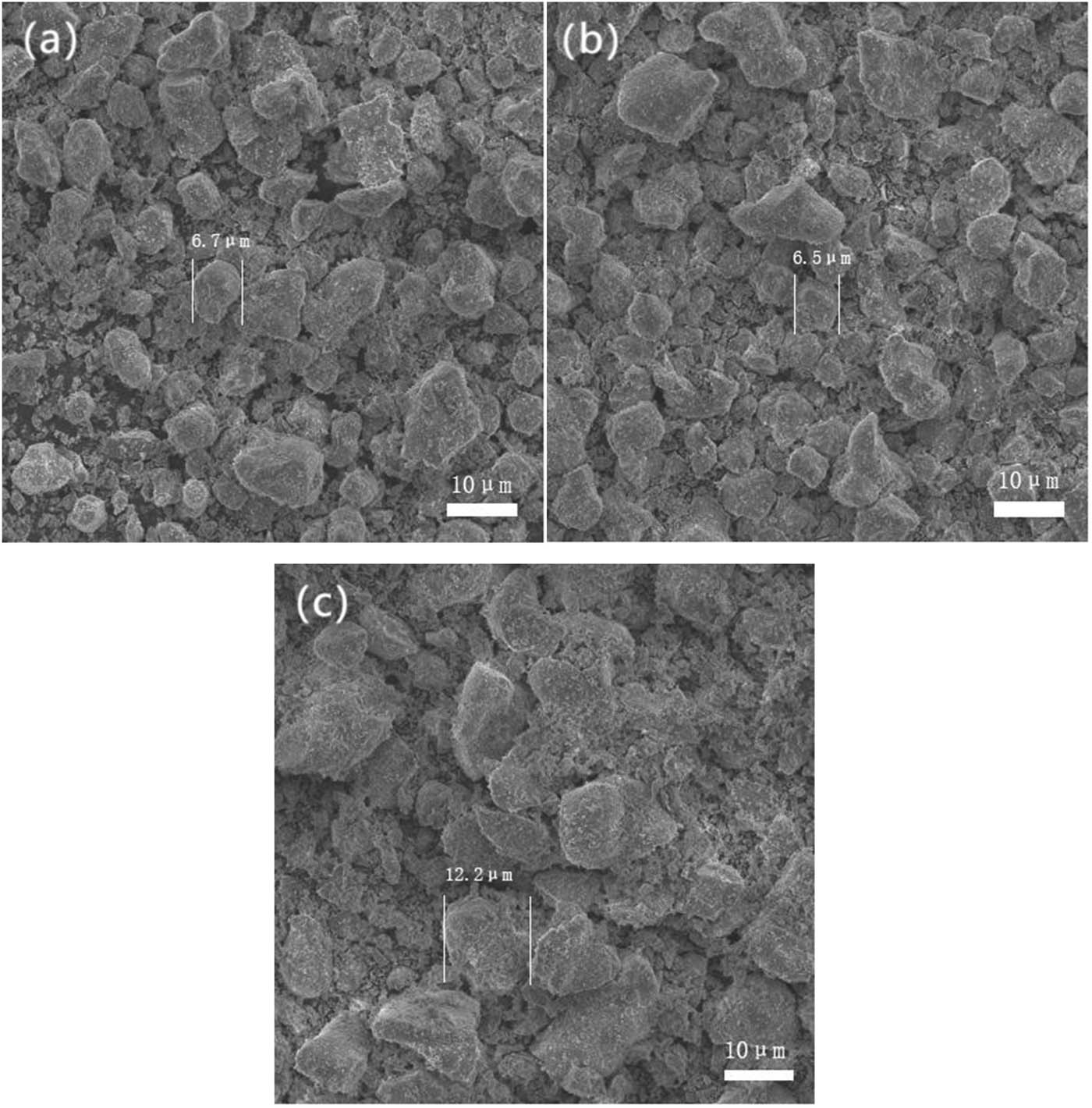 Figure 4 
                  SEM images of KBaPO4:0.001Eu2+, ySm3+ (y = 0(a), 0.12(b),0.15(c)).
               