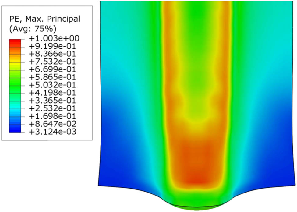 Figure 12 
                  Plastic strain distribution of simulation model.
               
