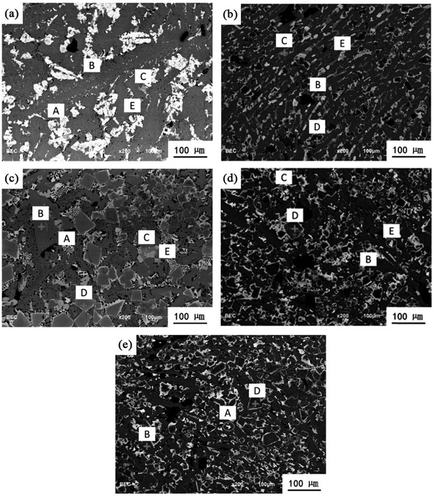 Figure 5
SEM mineral phase composition of mixed slag (A – MgFe2O4; B – Ca2Al2SiO7; C – Ca2SiO4-Ca3(PO4)2; D – MgFeAlO4; E – Ca2Fe2O5: (a) R = 1.6; (b) R = 1.8; (c) R = 2.0; (d) R = 2.2; (e) R = 2.4).