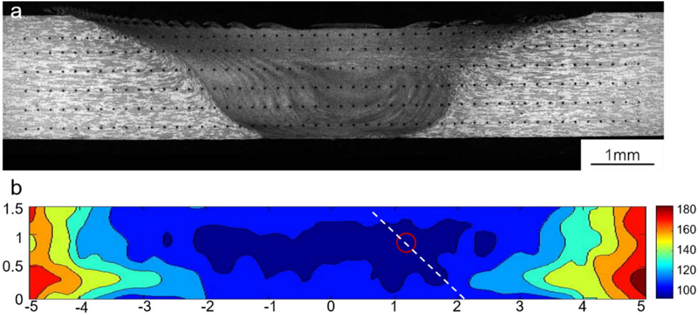 Figure 13 
                  (a) Points of Vickers hardness test of C2; (b) Microhardness mapping of C2.
               