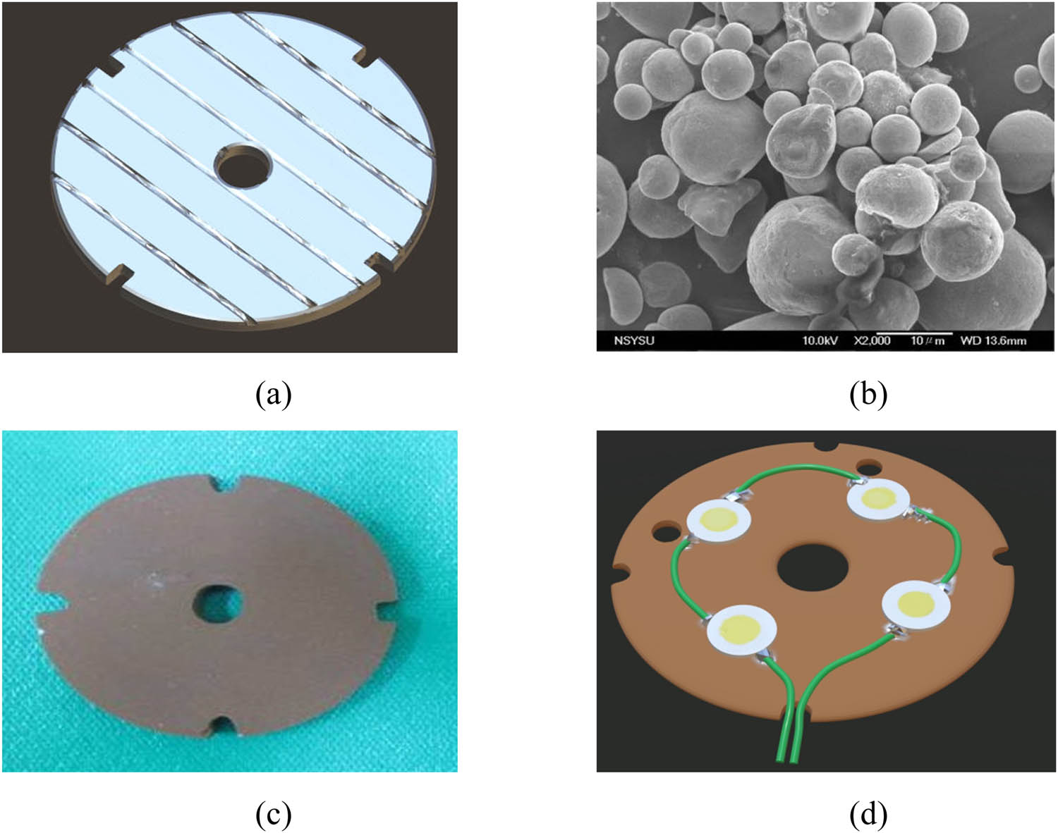 Figure 2
(a) Parallel groove, (b) powders of Cu2O, (c) an Cu2O-coated Al substrate, and (d) the LED cores are mounted on a Cu2O-coated layer of Al substrate.