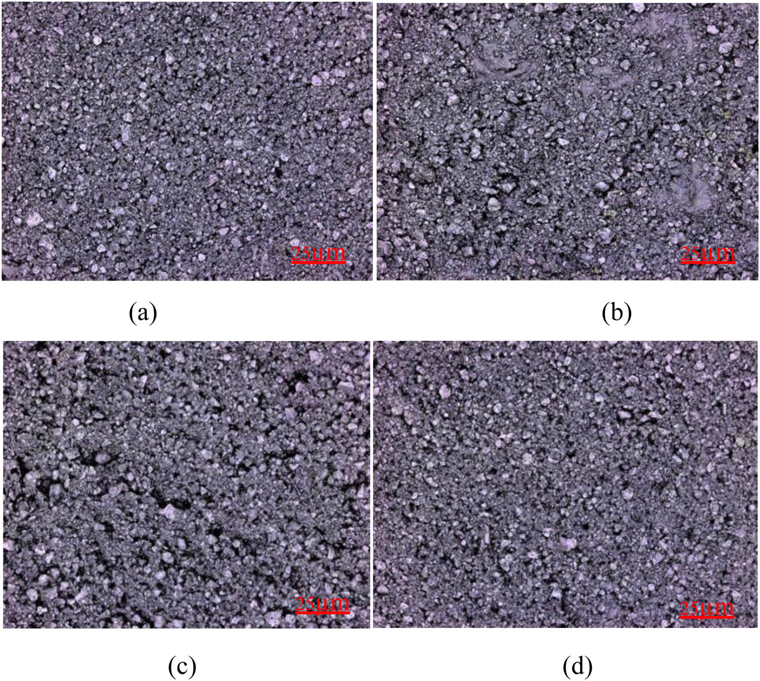 Figure 4
OM Patterns with a 400× of Cu2O-coated Al substrate on the surface roughness (Sa) of LED heat sink: (a) trial 1of Sa:1.362 µm, (b) trial 2 of Sa:1.889 µm, (c) trial 13 of Sa:2.807 µm, and (d) trial 16 of Sa:1.248 µm using an SJ-301 instrument.