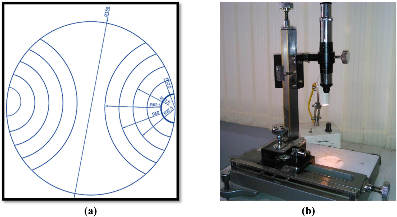 Figure 3 
               (a) Nakazima geometry of ASS304; (b) traveling microscope to measure deformed ellipses on the blanks after forming.
            