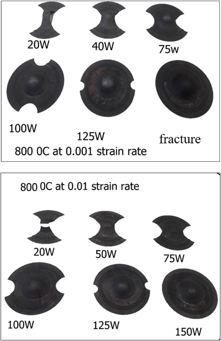 Figure 10 
                  Experimentally stretched cups at a temperature of 800°C, strain rate 10−2 and 10−3 s−1.
               