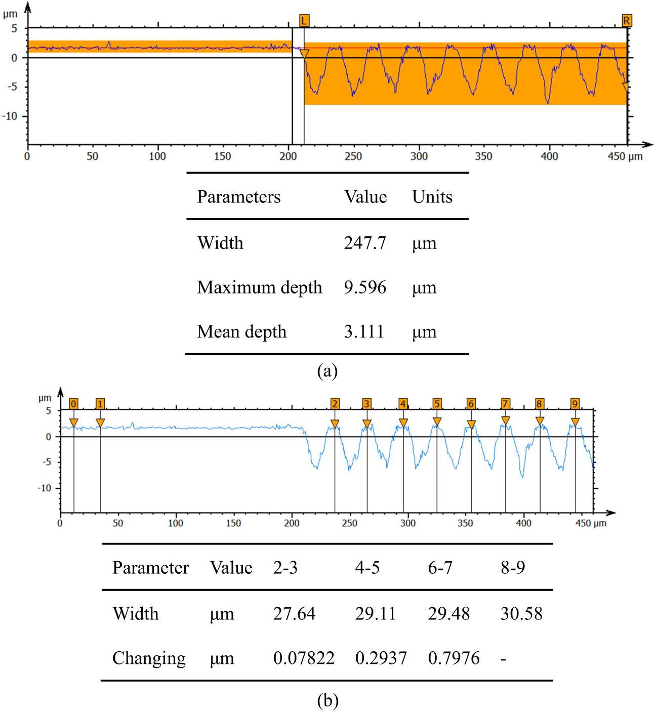 Figure 5 
                     Detection results of 3D morphometry of the ordered texture structure. (a) Groove depth test results. (b) Texture parameter detection results.
                  