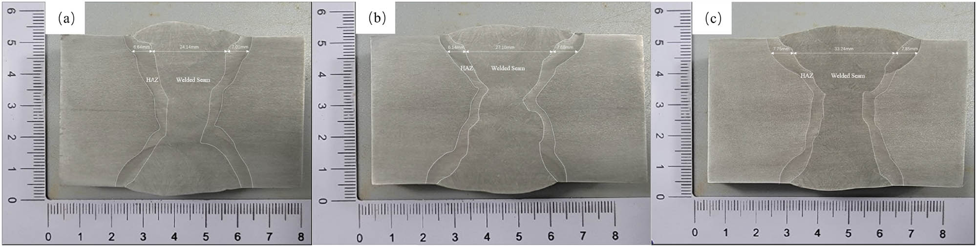 Figure 4 
                  Cross-section of the welded joint at different heat input: (a) 22.5 kJ·cm−1, (b) 27.9 kJ·cm−1, and (c) 33.6 kJ·cm−1.
               
