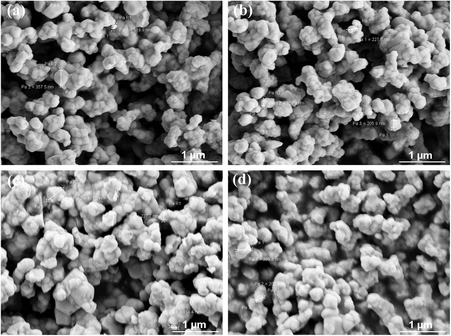 Figure 1
SEM micrograph on the surfaces of the BBNTx specimens sintered at 1350°C for 2 h with doping different BNT contents: (a) 1 mol%, (b) 2 mol%, (c) 3 mol%, and (d) 4 mol%.