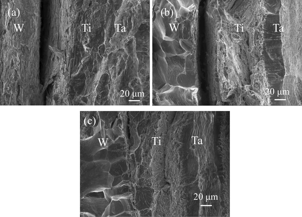 Figure 5 
                  Fracture morphology of the W/(Ti/Ta/Ti) multilayer composites bonded at different temperatures tested at 400°C: (a) 1,000°C, (b) 1,200°C, and (c) 1,400°C.
               