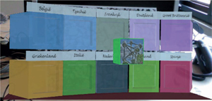 Figure 2 
            Main game view. The package, bearing a picture of the Atomium of Brussels, has to be placed in the delivery box of ‘Belgium’ (upper left).
          