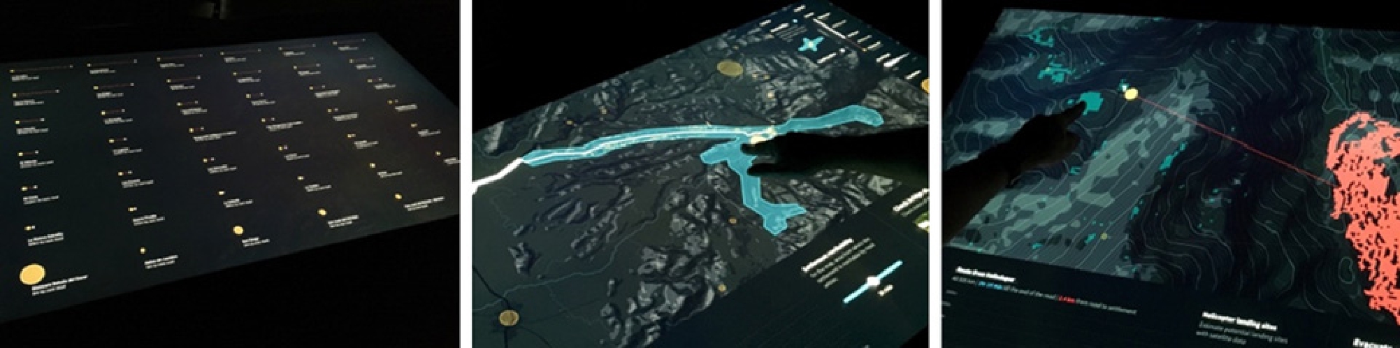 Figure 2 
            Multi-touch tabletop with (a) settlement to nearest road distance comparison, (b) reachability analysis with isochrones, and (c) analysis of landing sites near to a settlement.
          
