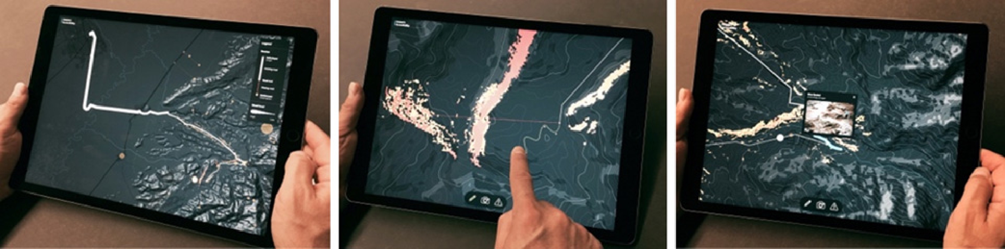 Figure 3 
            Tablet with (a) route detail, (b) user drawing an off-road route, and (c) user after mapping a flooded street and uploading a photo.
          