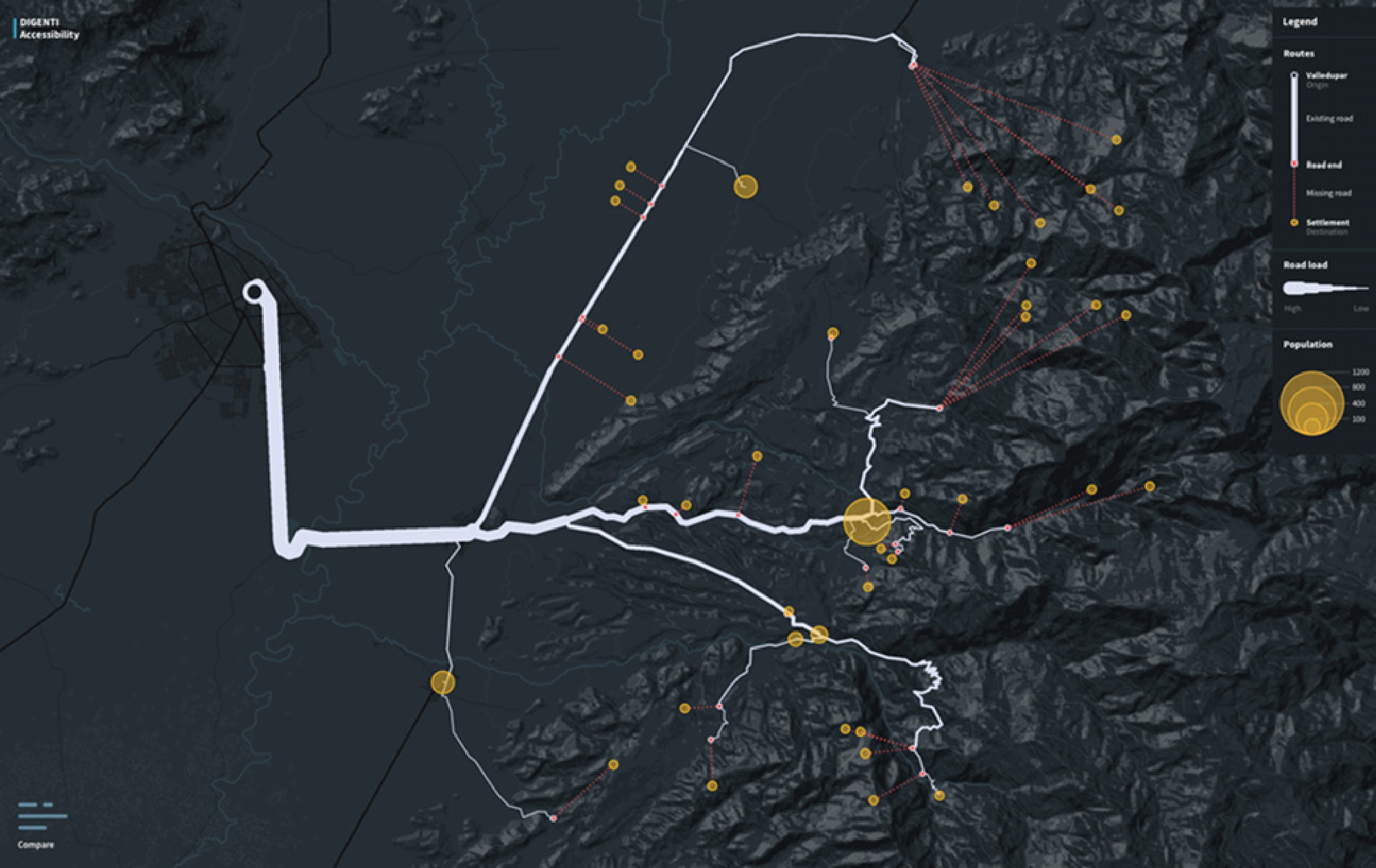 Figure 5 
              Area overview showing the connection routes from Valledupar (black circle, left on the map) to the settlements of the area of interest (yellow circles, spread over the area).
            