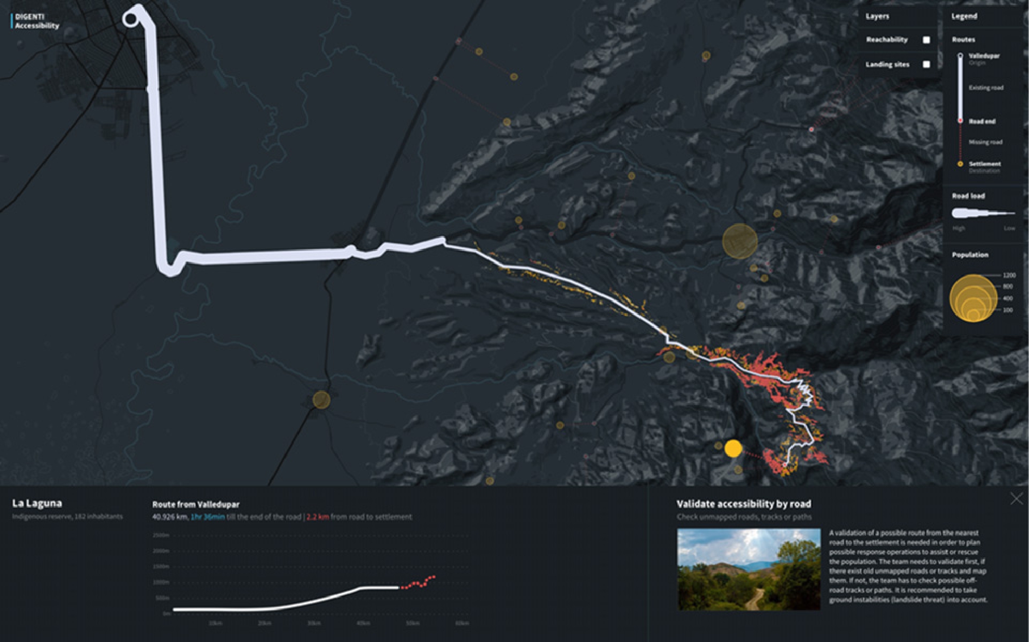 Figure 7 
              Route detail view. The system fades out other streets and settlements to make the featured route stand out.
            
