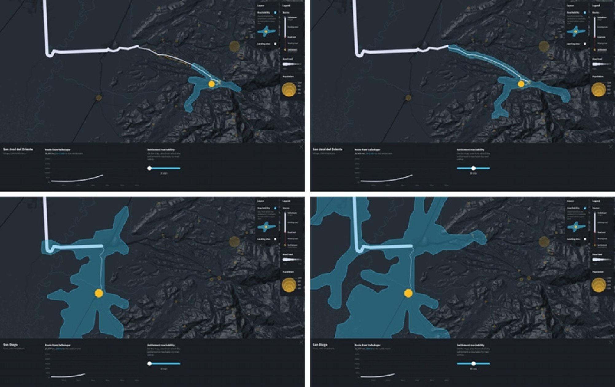 Figure 10 
              Reachability of two settlements within (left) 15 minutes, and (right) 30 minutes.
            