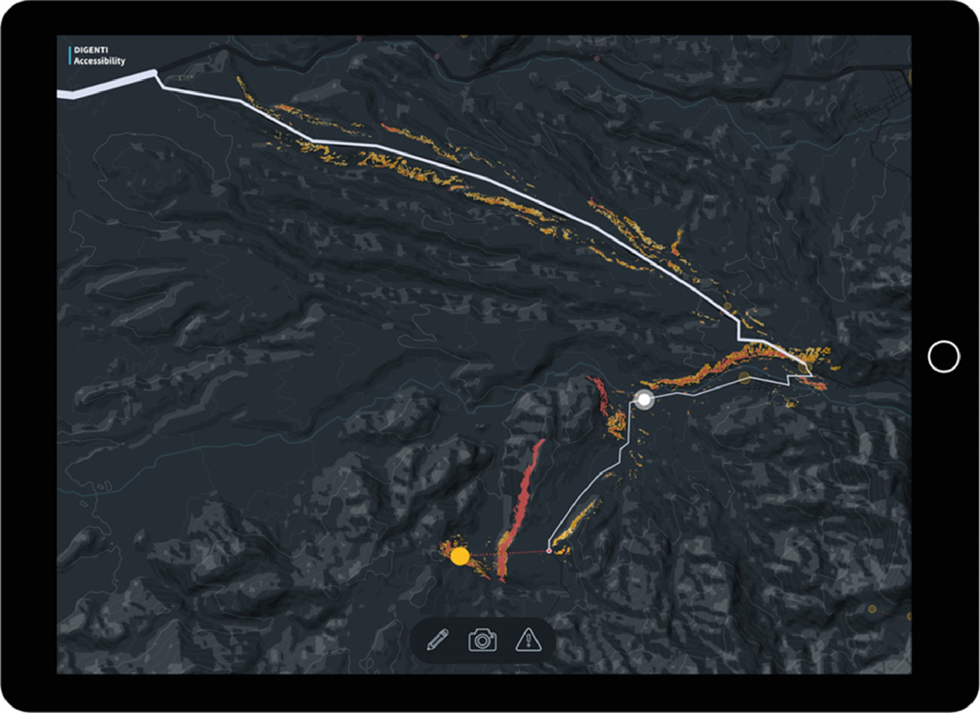 Figure 13 
              The mapping/reporting toolbar of the tablet interface, at the bottom center of the screen, with options for (a) toggling sketch-based mapping, (b) photo mapping and reporting, and (c) text reporting.
            