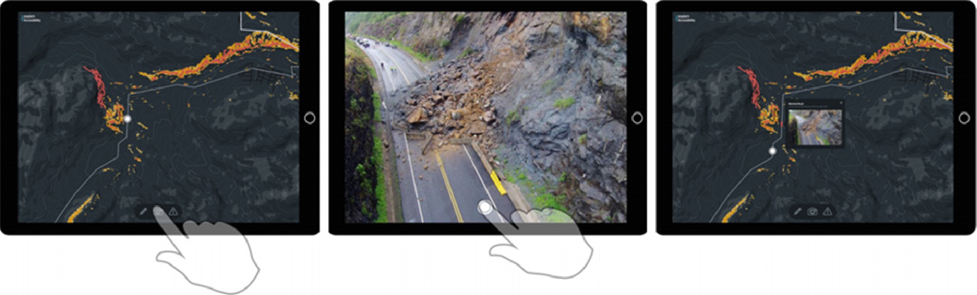 Figure 14 
              Validation and reporting from the field. (a) The user selects photo reporting with the interface menu, (b) the user makes a photo, and (c) the photo is automatically mapped in the user’s current geolocation.
            