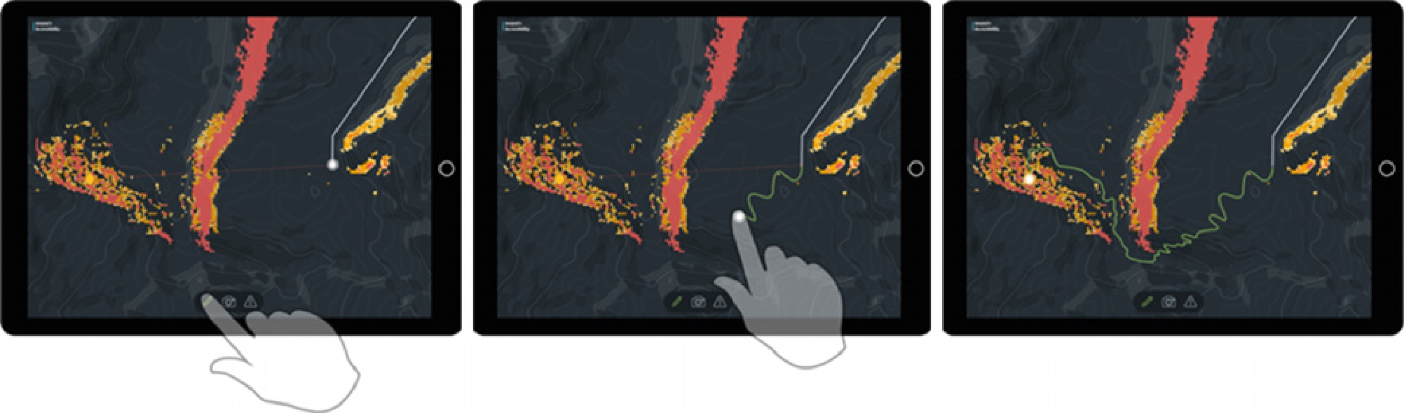 Figure 15 
              Manual mapping of an off-road path through free-form sketching. (a) User activates drawing mode, (b) user draws off-road path on the map, and (c) the route is updated in the system.
            