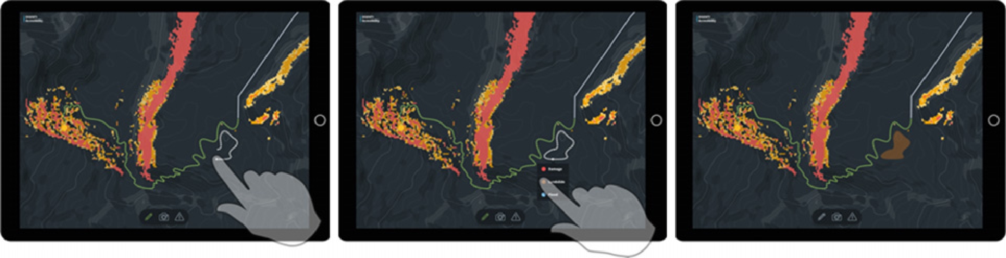 Figure 16 
              Manual mapping of a landslide through free-from sketching. (a) User draws the area, (b) after closing the shape user marks it as a landslide, and (c) the area is updated in the system.
            