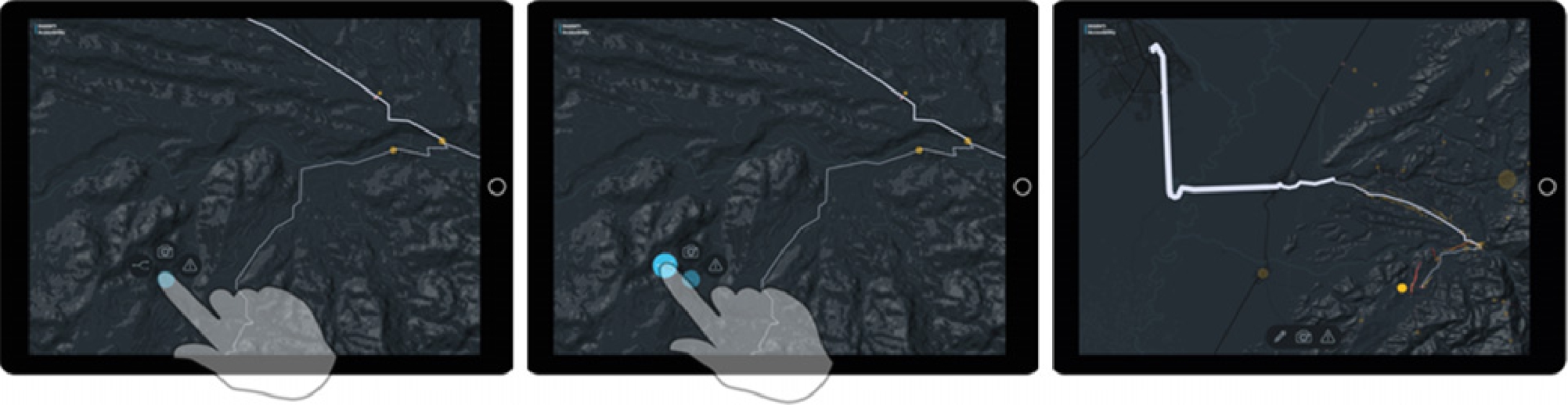 Figure 19 
              Tablet user calculates a route. (a) Select a location with touch and hold, (b) sweep to select the button for route calculation, and (c) the route to the selected destination is calculated and visualized with threat data in real-time.
            