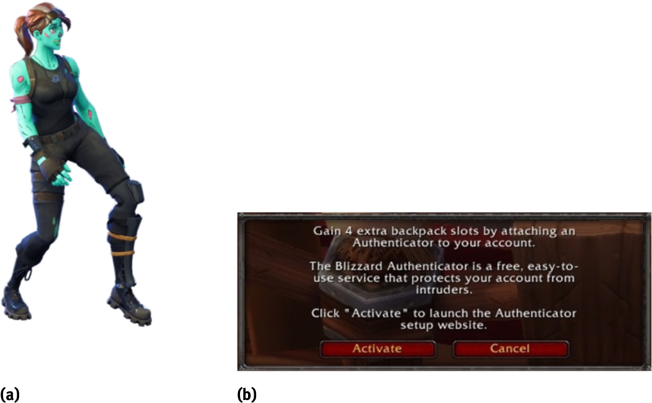 Figure 1 
            Examples of incentives for adopting 2FA. (a) shows an exclusive dance emote for player characters in Fortnite [18], while (b) shows a promoting message for a small gameplay advantage, namely more item space in World of Warcraft [8]. Images used with permission, see Acknowledgement for full copyright statements.
          