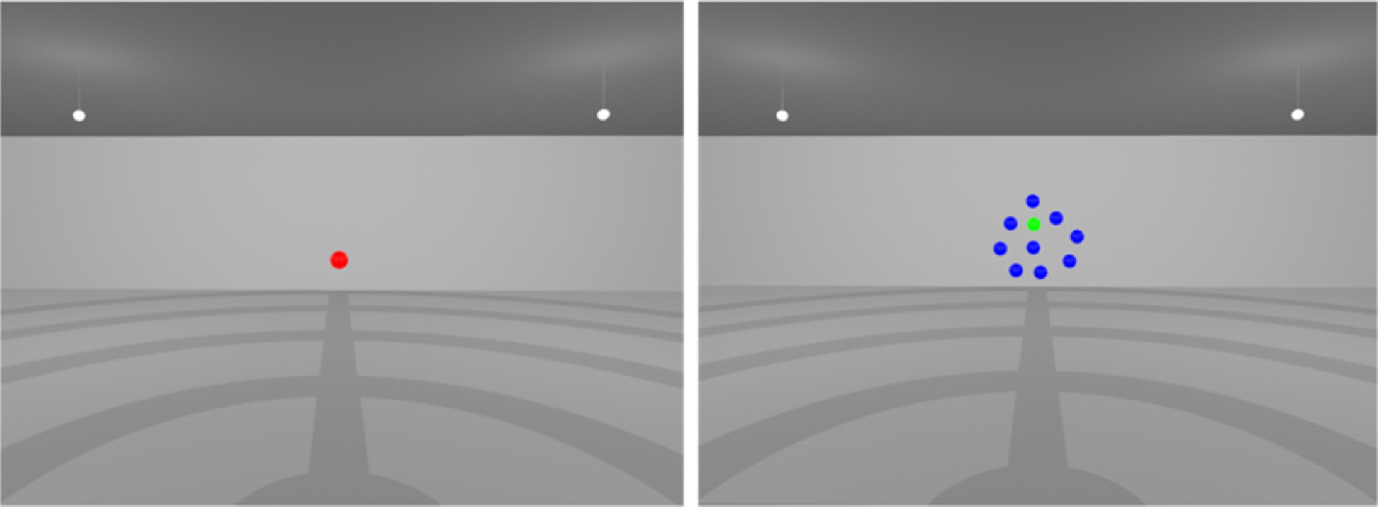 Figure 2 
                (left) Activation sphere starting the time on selection. (right) Arrangement of spheres with a green target sphere.
              