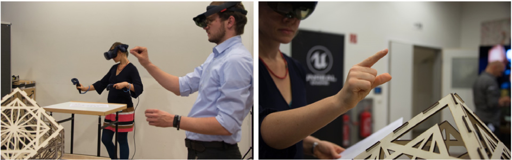Figure 7 
                Demonstration of showcase prototype: Left: Collaboration between HoloLens (AR) and HTC Vive Pro (VR) in a distributed synchronous scenario. Right: Working on a real object using AR-based mode.
              