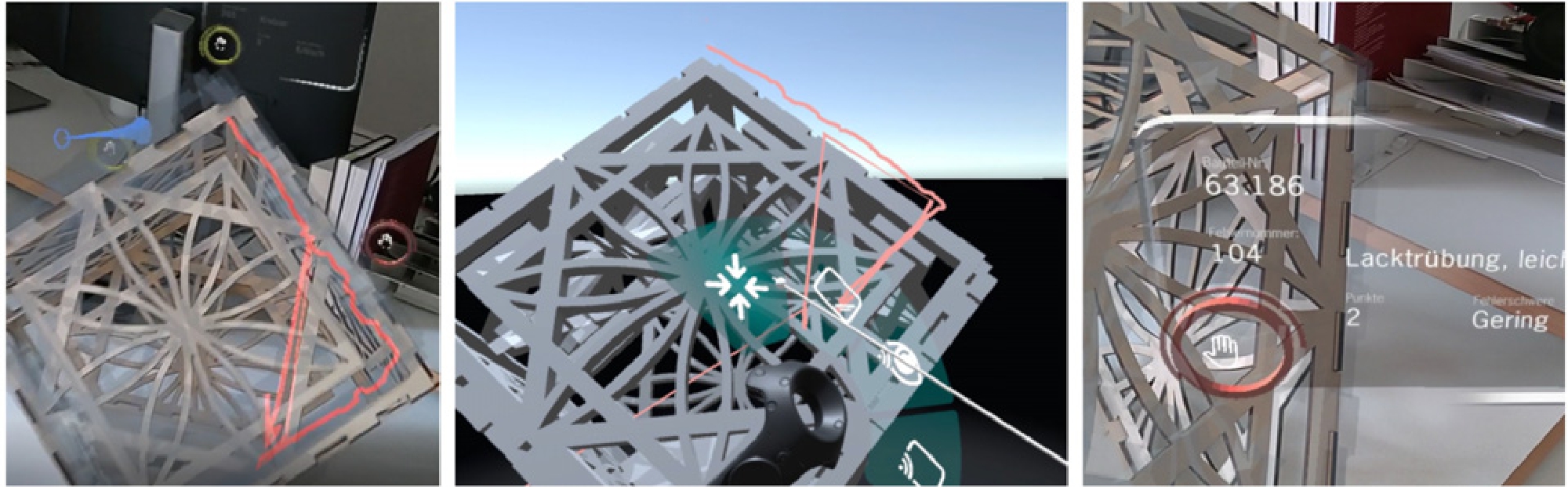 Figure 9 
                Screen captures from the prototypes using a wooden cube for presentation purposes. Left: Line drawing in AR and viewing position and direction of VR user as shown in HoloLens, Middle: view in VR (HTC VIVE) with synchronized line drawing and menu for controllers, Right: interactive labels in AR depicting issue details on the object.
              