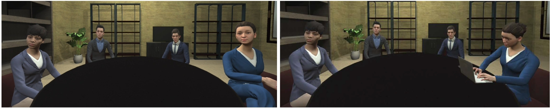 Figure 1 
            Avatar on the right indicates communication status through body language: Left: Attentive indicated through facing posture. Right: Busy indicated through typing on a laptop.
          