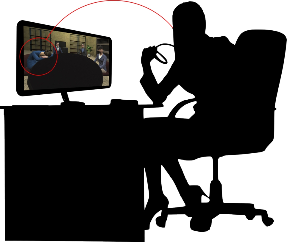 Figure 2 
            The sleeping avatar in the virtual meeting highlighted through the red circle represents the temporal absence of the meeting attendee.
          