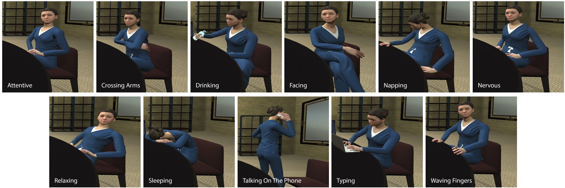 Figure 3 
            
              Behaviors designed to explore avatars’ body language perception in virtual meetings.
          