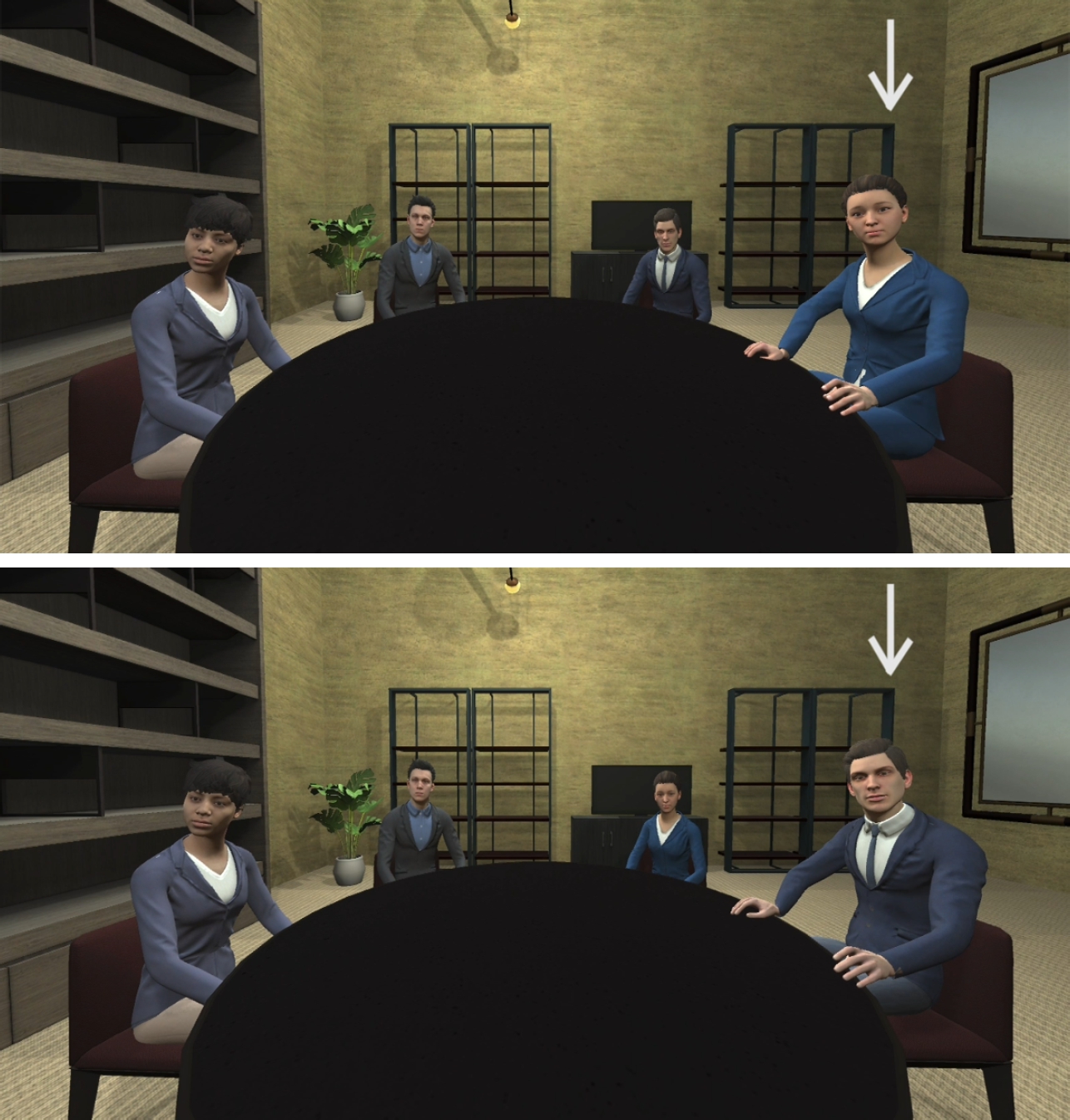 Figure 5 
              Virtual meeting scene in which always the avatar on the right was animated with the varying behaviors. Top: Female avatar is facing the user. Bottom: Male avatar is facing the user.
            