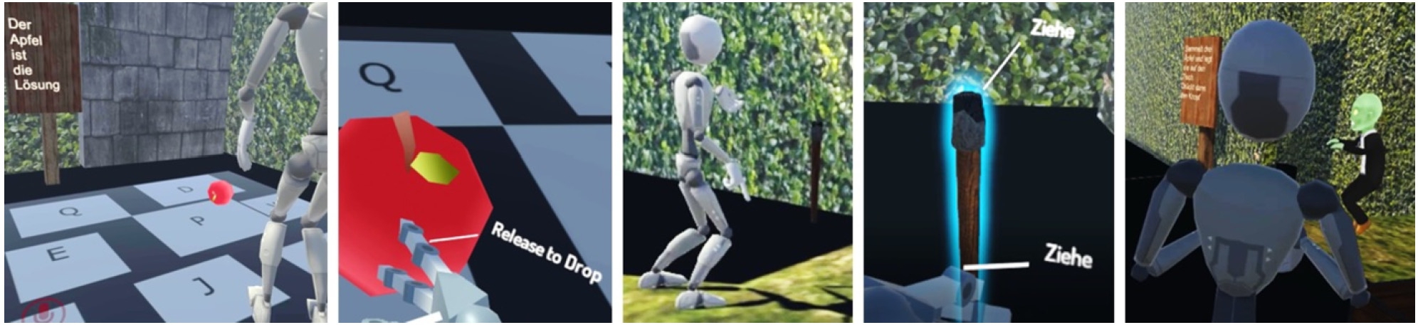 Figure 3 
            Word puzzle with apples (Figure 2, st. 4), door mechanism: simultaneous lever pull (st. 3), escape task with troll (st. 7).
          