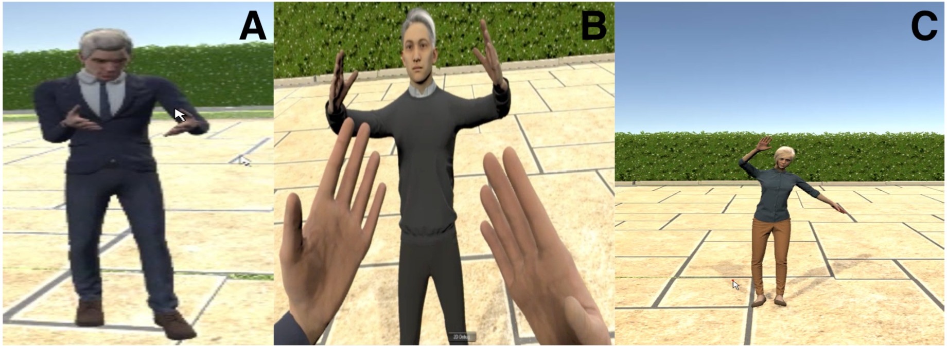 Figure 4 
              Figures A, B, C shows the VR user, non-VR user using Kinect, and non-VR using Webcam while playing the game during the conducted user study respectively.
            