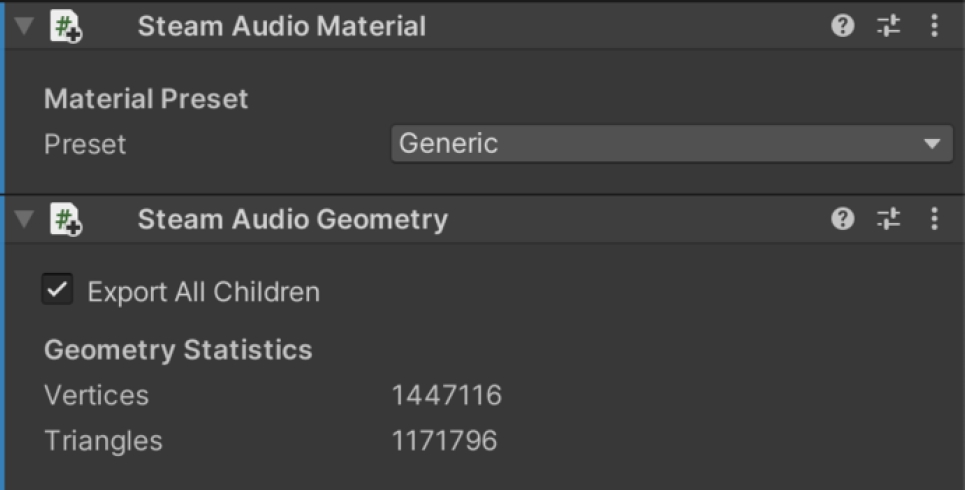Figure 4 
            Steam Audio material and geometry component.
          