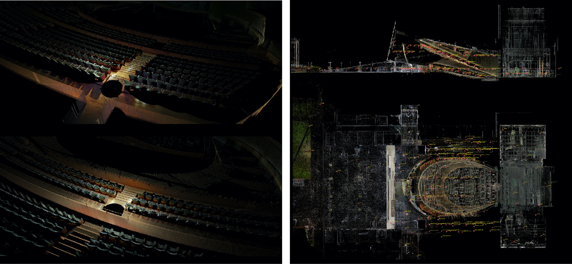 Figure 10 
            3D laser-scanner digital survey of the theater of Maggio Musicale Fiorentino. On the left: perspective view of two color laser-scanner scans that highlight the presence of shadow cones. On the right: section and plan with the positioning of the individual laser-scanner scans.
          