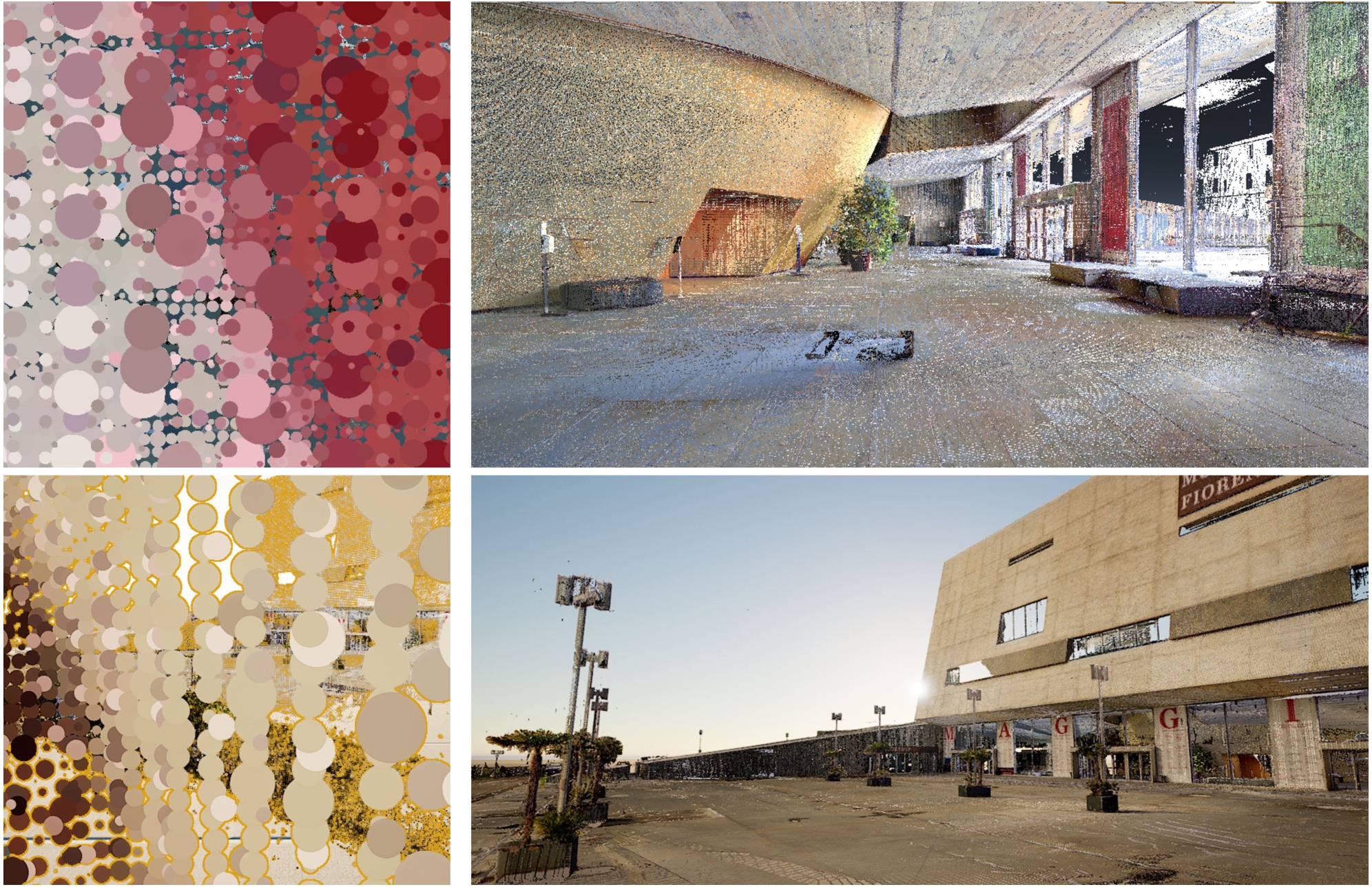 Figure 11 
            Import of the point cloud model of the theater of Maggio Musicale Fiorentino into the Unreal Engine software. Detailed comparison of the point cloud model in a virtual environment. Above: detail and perspective view of the interior with the higher density point cloud. Below: detail and perspective view of the exterior.
          