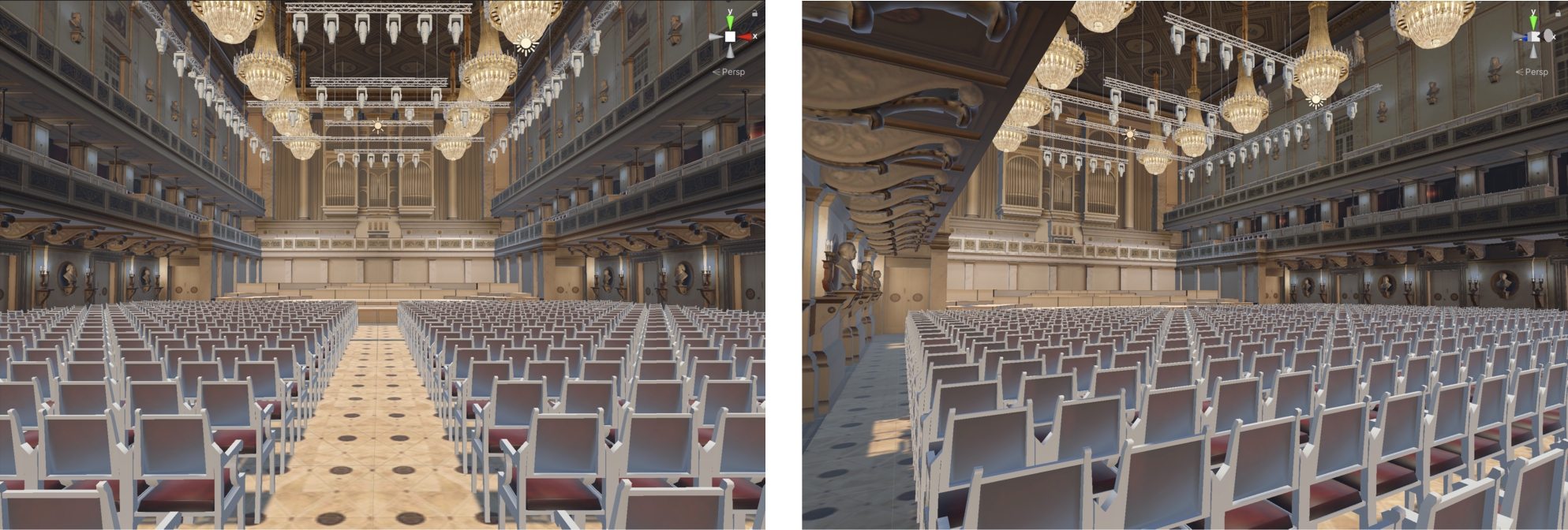 Figure 12 
            Different perspective in Unity test scenes of the Great Hall of the Konzerthaus Berlin.
          