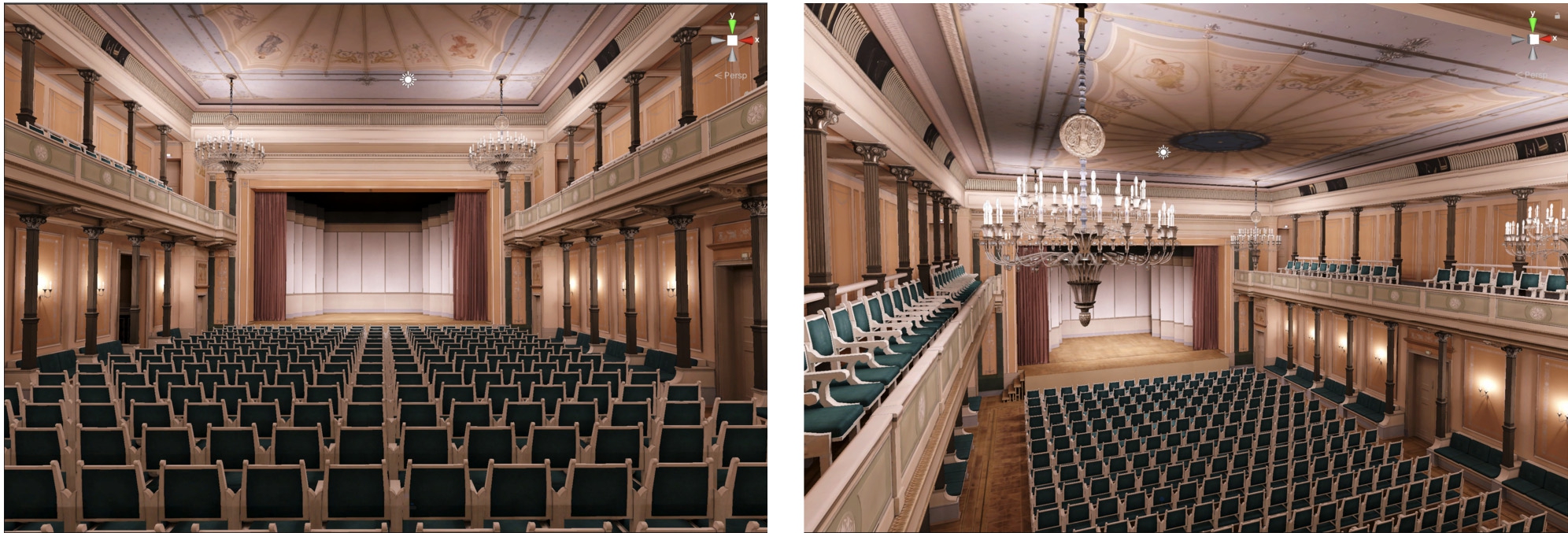 Figure 13 
            Different perspective in Unity test scenes of the Small Hall of the Konzerthaus Berlin.
          