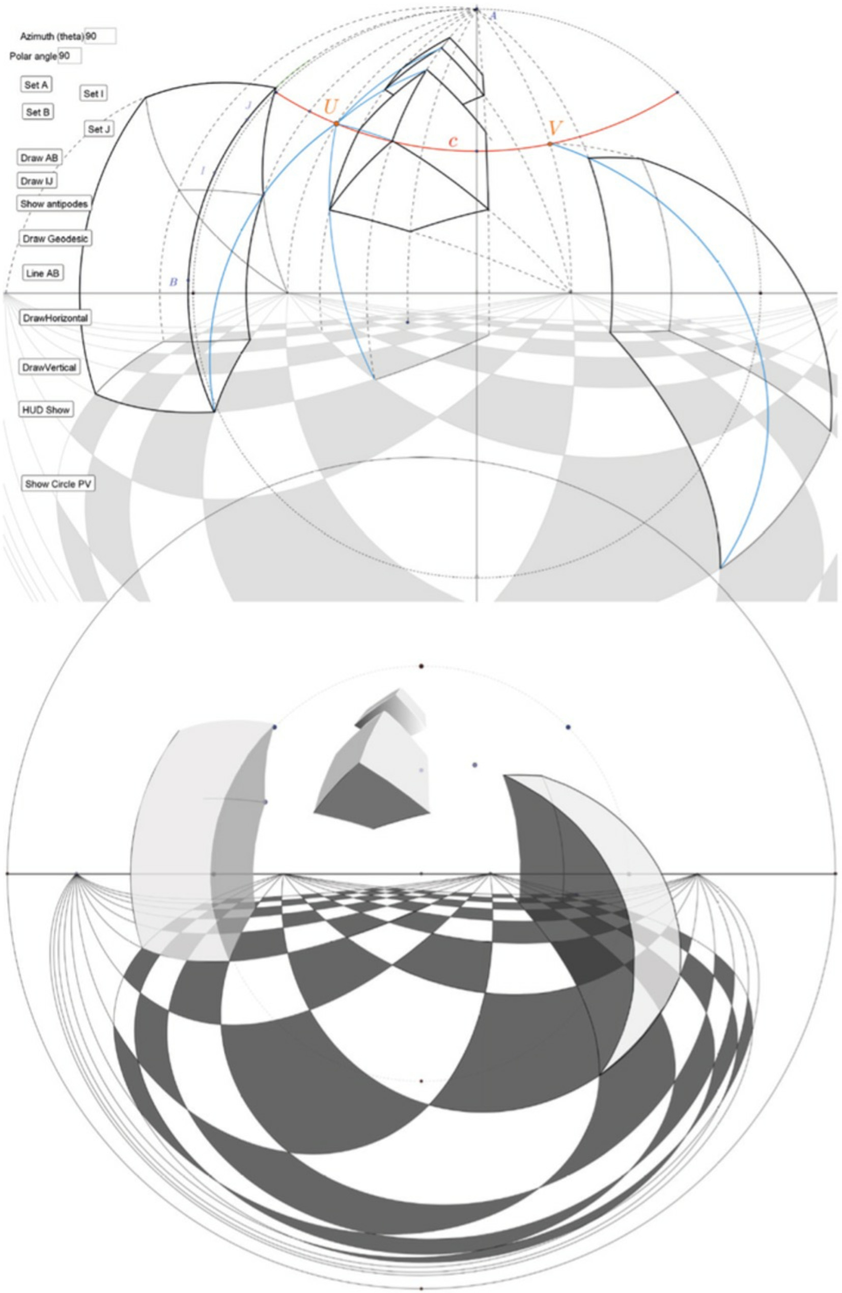Figure 8 
                Drawing an azimuthal-equidistant perspective with GeoGebra. © António Bandeira Araújo, 2021.
              