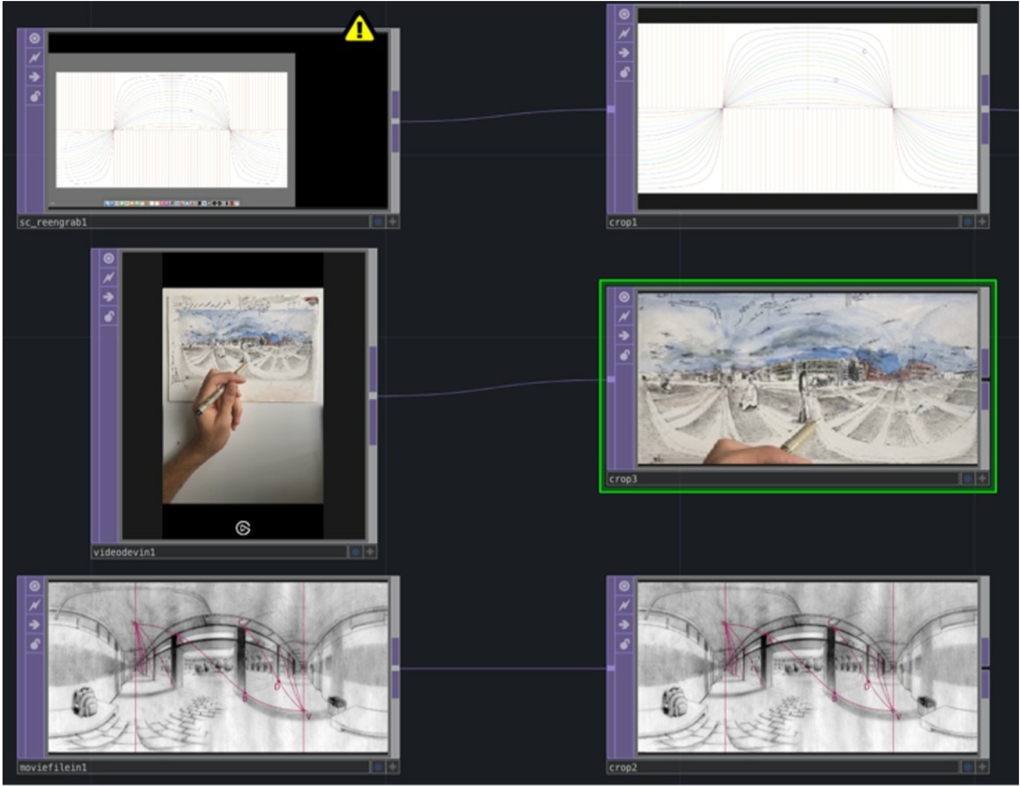 Figure 10 
              Image input: Eq A Sketch 360’s interface (top), handmade drawing (centre) and existing panoramas (bottom).
            