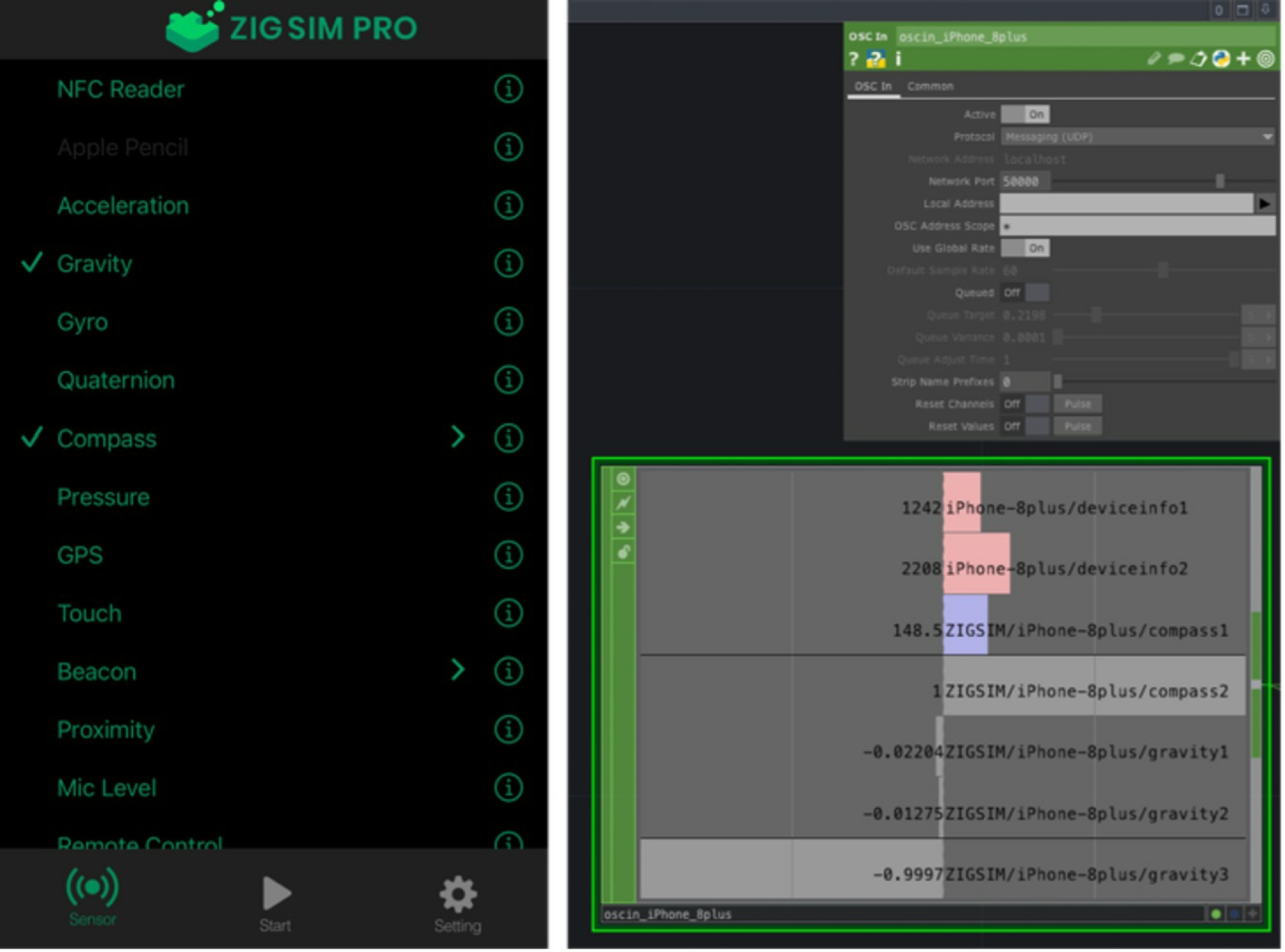 Figure 11 
            OSC input: Gravity and Compass sensors.
          
