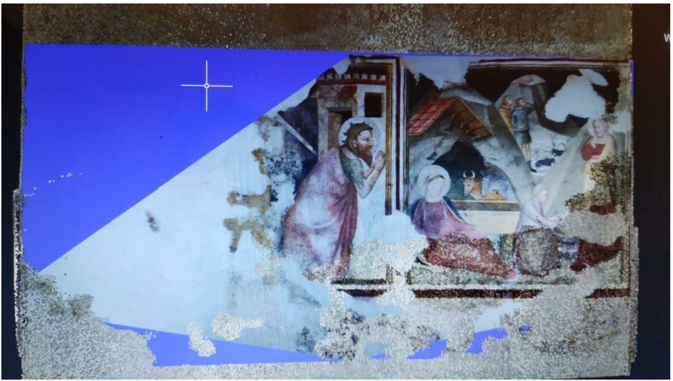 Figure 3 
              Image post-processing in the first photogrammetry attempt: rectification of a single shot over the point cloud.
            