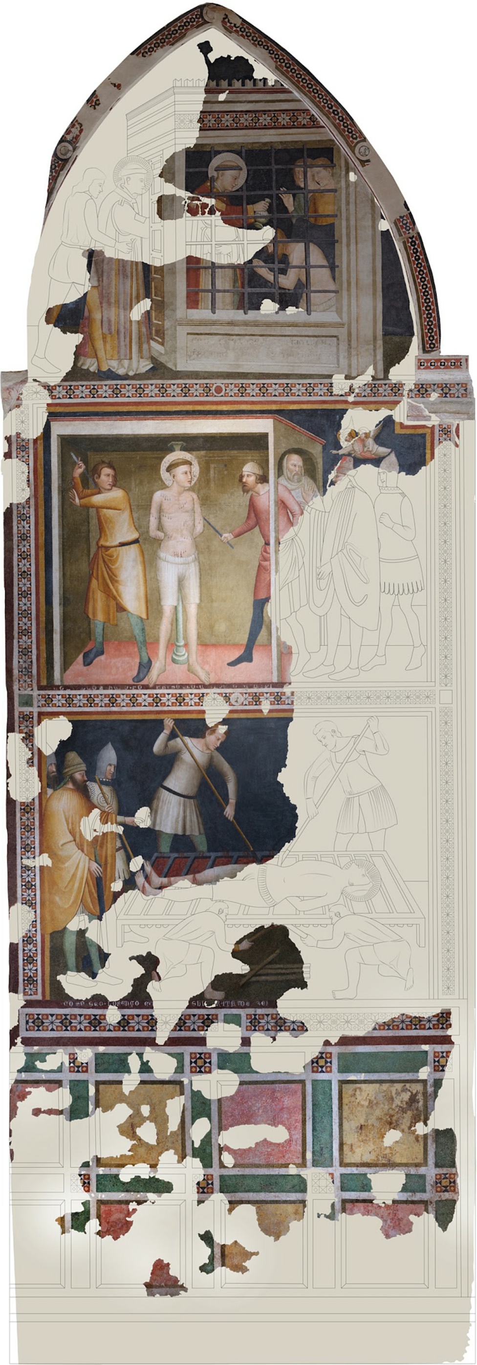 Figure 7 
            Final version of the wireframe representation of the virtual reconstruction, right front of the St. Lawrence’s chapel with the frescoes by Allegretto Nuzi.
          