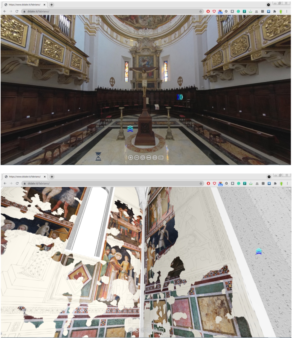 Figure 8 
            The virtual tour: two images from the visit between present and past (view of the intermediate reconstruction of the frescos).
          